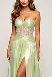 Metallic Sage Strapless A Line Pleated Long Prom Dress with Slit