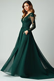 V-Neck Pine A Line Prom Dress with Lace Applique