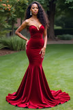 Burgundy Mermaid Strapless Sweetheart Velvet Prom Dress