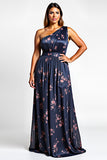 One Shoulder Navy Floral A Line Long Wedding Guest Dress with Slit