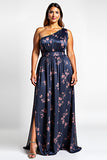 One Shoulder Navy Floral A Line Long Wedding Guest Dress with Slit