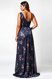 One Shoulder Navy Floral A Line Long Wedding Guest Dress with Slit