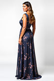 One Shoulder Navy Floral A Line Long Wedding Guest Dress with Slit