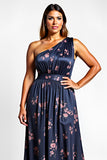 One Shoulder Navy Floral A Line Long Wedding Guest Dress with Slit