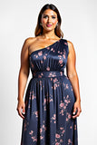 One Shoulder Navy Floral A Line Long Wedding Guest Dress with Slit