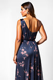 One Shoulder Navy Floral A Line Long Wedding Guest Dress with Slit