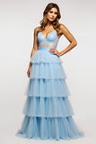 Sky Blue Spaghetti Straps Long Tiered Tulle A Line Prom Dress