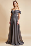 Off the Shoulder Steel Grey Chiffon A Line Long Bridesmaid Dress