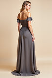 Off the Shoulder Steel Grey Chiffon A Line Long Bridesmaid Dress