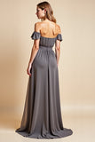 Off the Shoulder Steel Grey Chiffon A Line Long Bridesmaid Dress