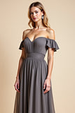 Off the Shoulder Steel Grey Chiffon A Line Long Bridesmaid Dress