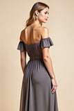 Off the Shoulder Steel Grey Chiffon A Line Long Bridesmaid Dress