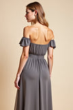 Off the Shoulder Steel Grey Chiffon A Line Long Bridesmaid Dress