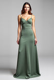 Eucalyptus Spaghetti Straps V Neck Satin Long Bridesmaid Dress