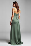 Eucalyptus Spaghetti Straps V Neck Satin Long Bridesmaid Dress