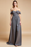 Steel Grey Off the Shoulder Sweetheart A Line Long Bridesmaid Dress