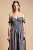 Steel Grey Off the Shoulder Sweetheart A Line Long Bridesmaid Dress