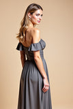 Steel Grey Off the Shoulder Sweetheart A Line Long Bridesmaid Dress