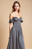 Steel Grey Off the Shoulder Sweetheart A Line Long Bridesmaid Dress