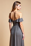 Steel Grey Off the Shoulder Sweetheart A Line Long Bridesmaid Dress