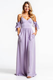 A Line Lilac V-Neck Bowknot Long Bridesmaid Dress with Pockets