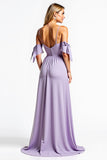 A Line Lilac V-Neck Bowknot Long Bridesmaid Dress with Pockets