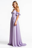 A Line Lilac V-Neck Bowknot Long Bridesmaid Dress with Pockets