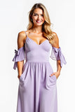 A Line Lilac V-Neck Bowknot Long Bridesmaid Dress with Pockets