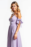 A Line Lilac V-Neck Bowknot Long Bridesmaid Dress with Pockets