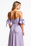 A Line Lilac V-Neck Bowknot Long Bridesmaid Dress with Pockets