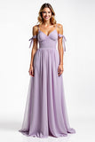 Spaghetti Straps Lilac Chiffon Ruched A Line Long Bridesmaid Dress