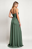 Chiffon Eucalyptus A Line V Neck Long Bridesmaid Dress with Slit