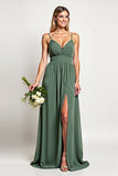 Chiffon Eucalyptus A Line V Neck Long Bridesmaid Dress with Slit