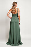 Chiffon Eucalyptus A Line V Neck Long Bridesmaid Dress with Slit