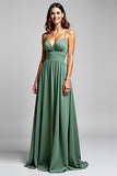 A Line Eucalyptus Spaghetti Straps Ruched Long Bridesmaid Dress