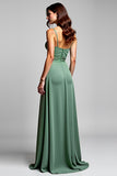 A Line Eucalyptus Spaghetti Straps Ruched Long Bridesmaid Dress