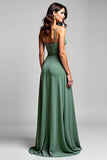 A Line Eucalyptus Spaghetti Straps Ruched Long Bridesmaid Dress