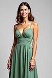 A Line Eucalyptus Spaghetti Straps Ruched Long Bridesmaid Dress