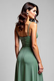 A Line Eucalyptus Spaghetti Straps Ruched Long Bridesmaid Dress