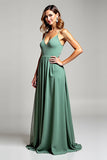 Spaghetti Straps V-Neck Eucalyptus Chiffon Long Bridesmaid Dress