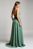 Spaghetti Straps V-Neck Eucalyptus Chiffon Long Bridesmaid Dress