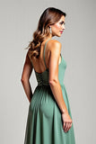 Spaghetti Straps V-Neck Eucalyptus Chiffon Long Bridesmaid Dress