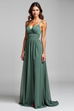 Spaghetti Straps Chiffon Eucalyptus A Line Long Bridesmaid Dress