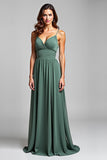 Spaghetti Straps Chiffon Eucalyptus A Line Long Bridesmaid Dress