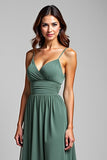 Spaghetti Straps Chiffon Eucalyptus A Line Long Bridesmaid Dress