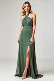 Chiffon Eucalyptus Halter Neck Long Bridesmaid Dress with Slit