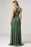 Chiffon Eucalyptus Halter Neck Long Bridesmaid Dress with Slit