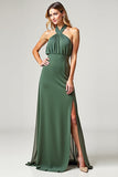 Chiffon Eucalyptus Halter Neck Long Bridesmaid Dress with Slit