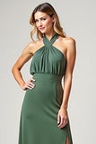 Chiffon Eucalyptus Halter Neck Long Bridesmaid Dress with Slit