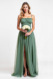 Eucalyptus A Line Square Neck Long Bridesmaid Dress with Slit